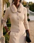 Prim Fur Collar Ribbed Cardigan Sweater for Women