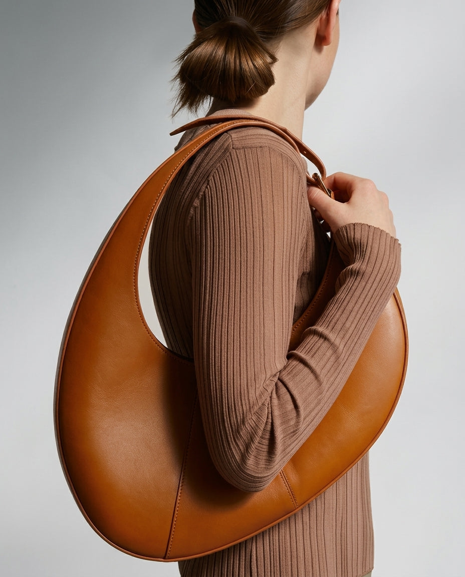 Curved Half-Moon Leather Shoulder Bag for Women