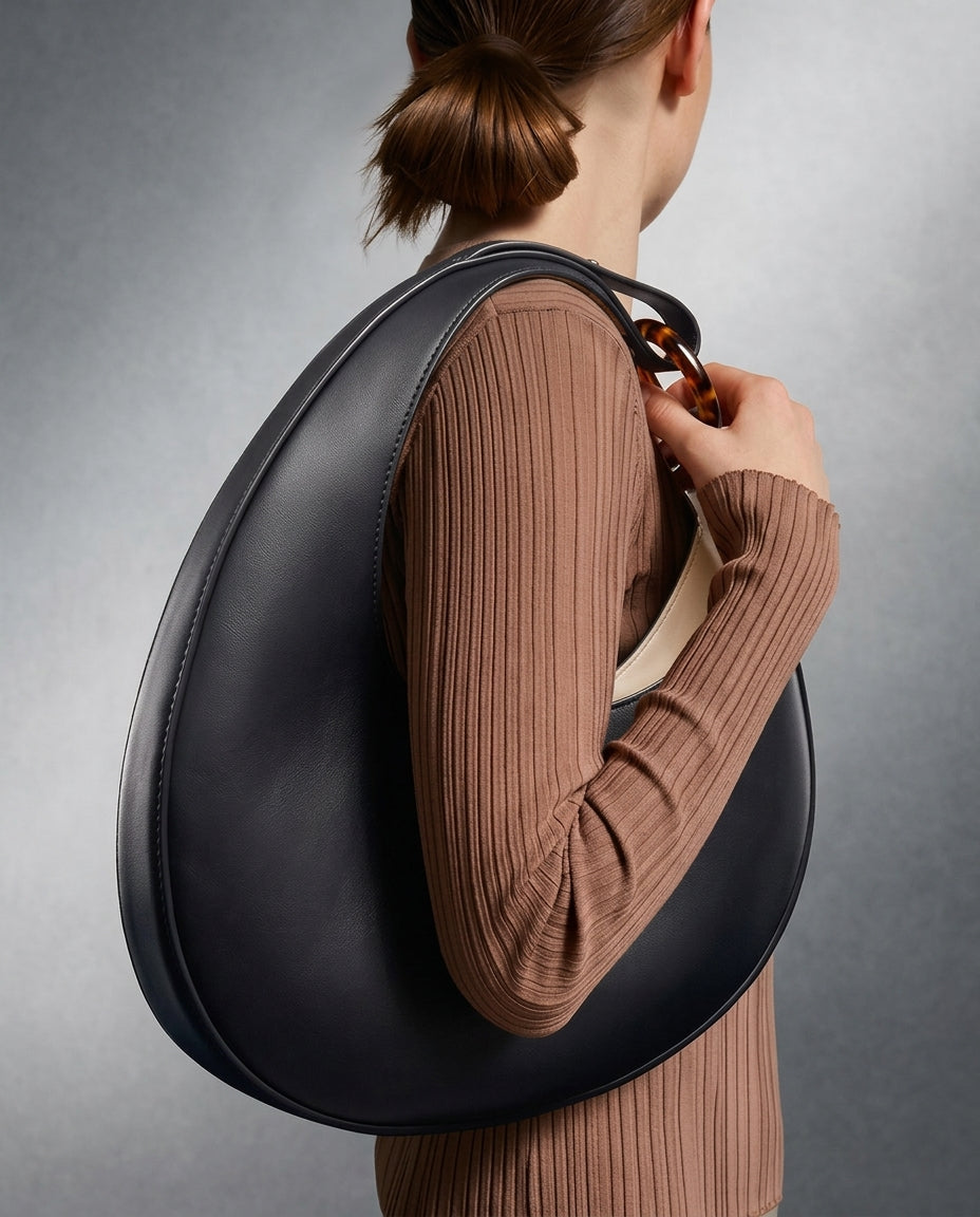 Curved Half-Moon Leather Shoulder Bag for Women