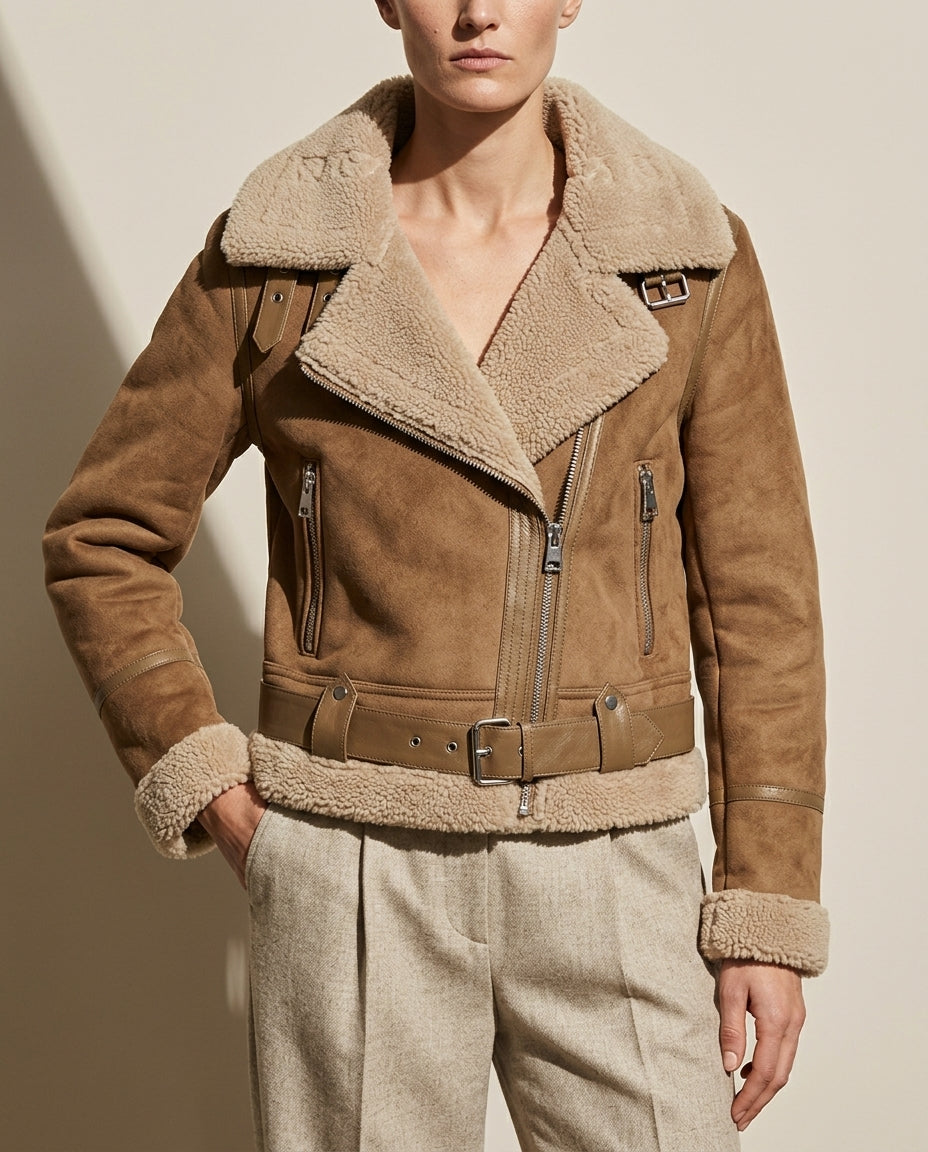 Shearling Lined Suede Aviator Jacket for Women