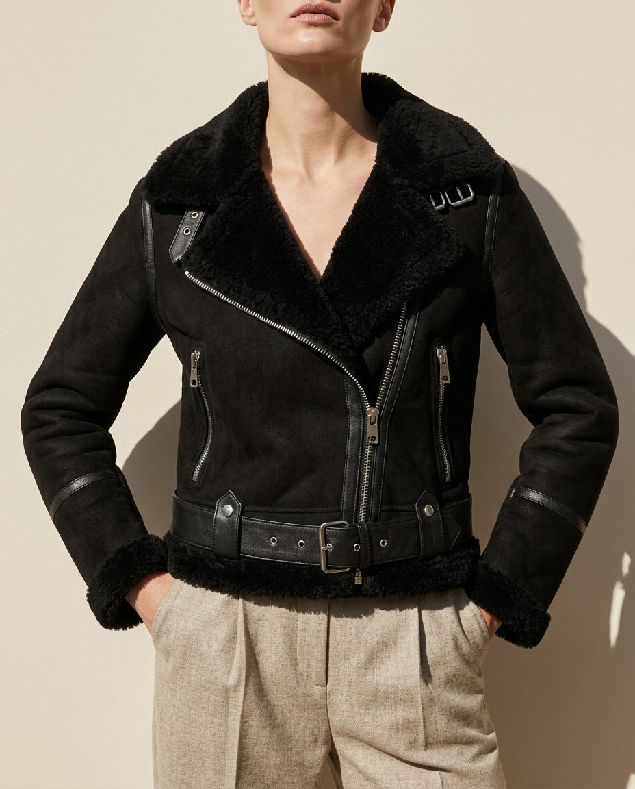 Shearling Lined Suede Aviator Jacket for Women