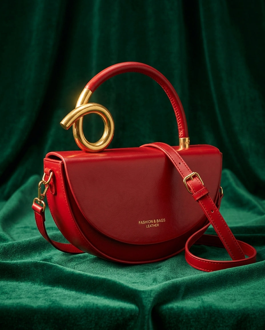 Sculptural Gold Loop Handle Crescent Crossbody Bag for Women