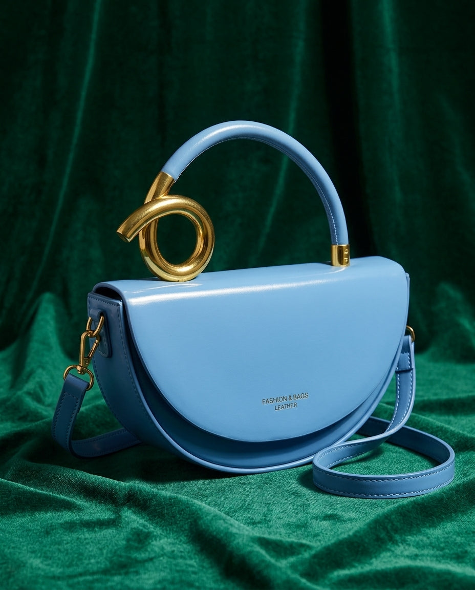 Sculptural Gold Loop Handle Crescent Crossbody Bag for Women