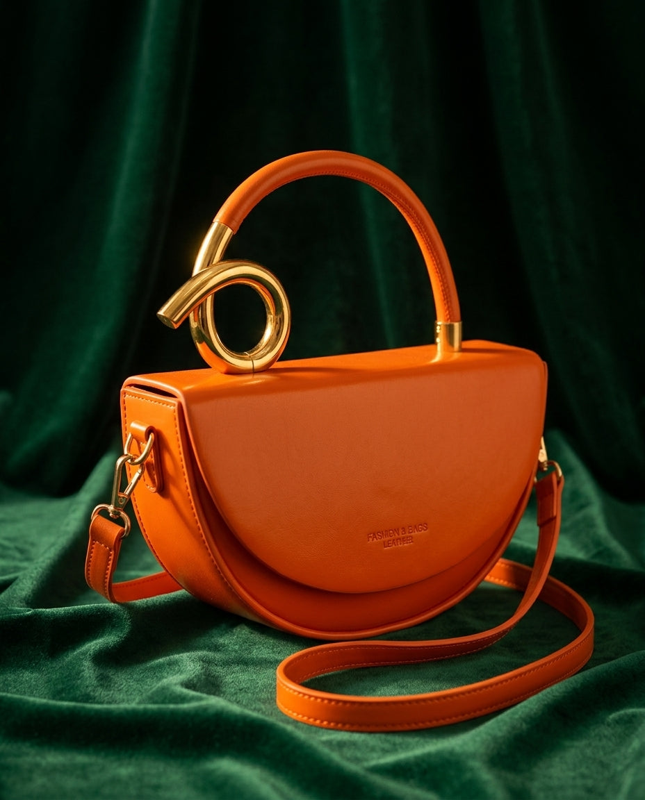 Sculptural Gold Loop Handle Crescent Crossbody Bag for Women