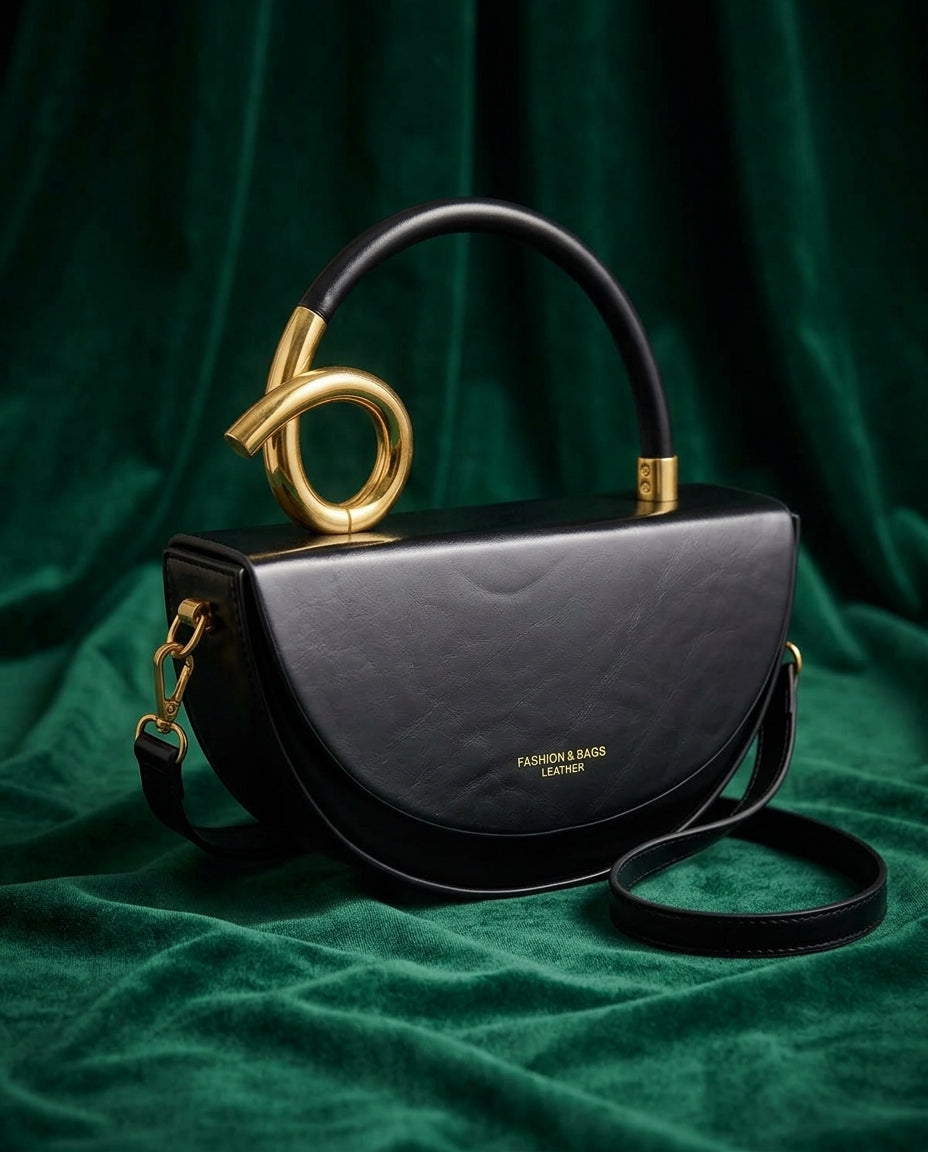 Sculptural Gold Loop Handle Crescent Crossbody Bag for Women