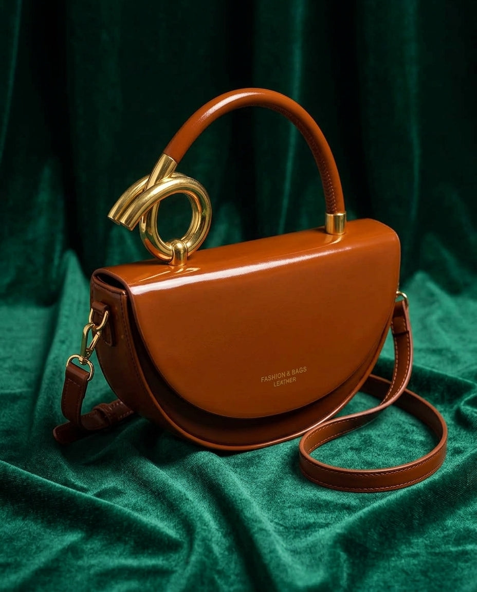 Sculptural Gold Loop Handle Crescent Crossbody Bag for Women