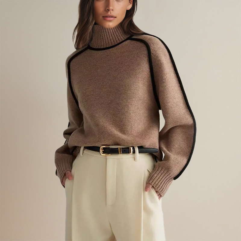 Contrast-Trim Chainette Cashmere Turtleneck Sweater