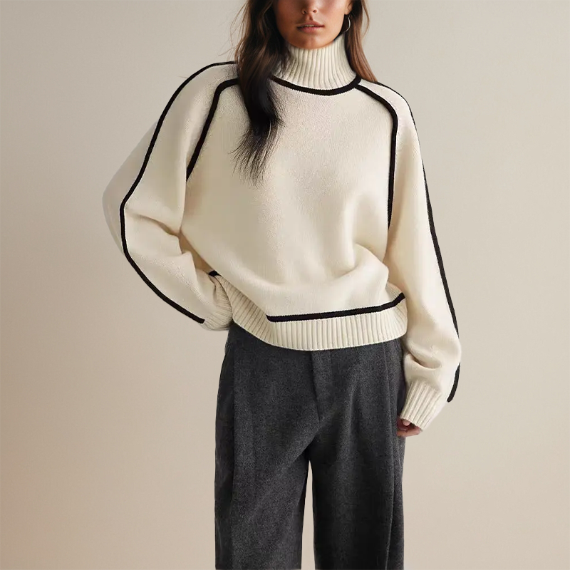 Contrast-Trim Chainette Cashmere Turtleneck Sweater