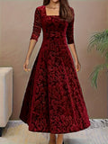 Velvet Floral Jacquard Midi Dress for Holidays