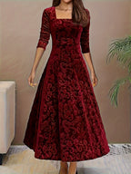 Velvet Floral Jacquard Midi Dress for Holidays