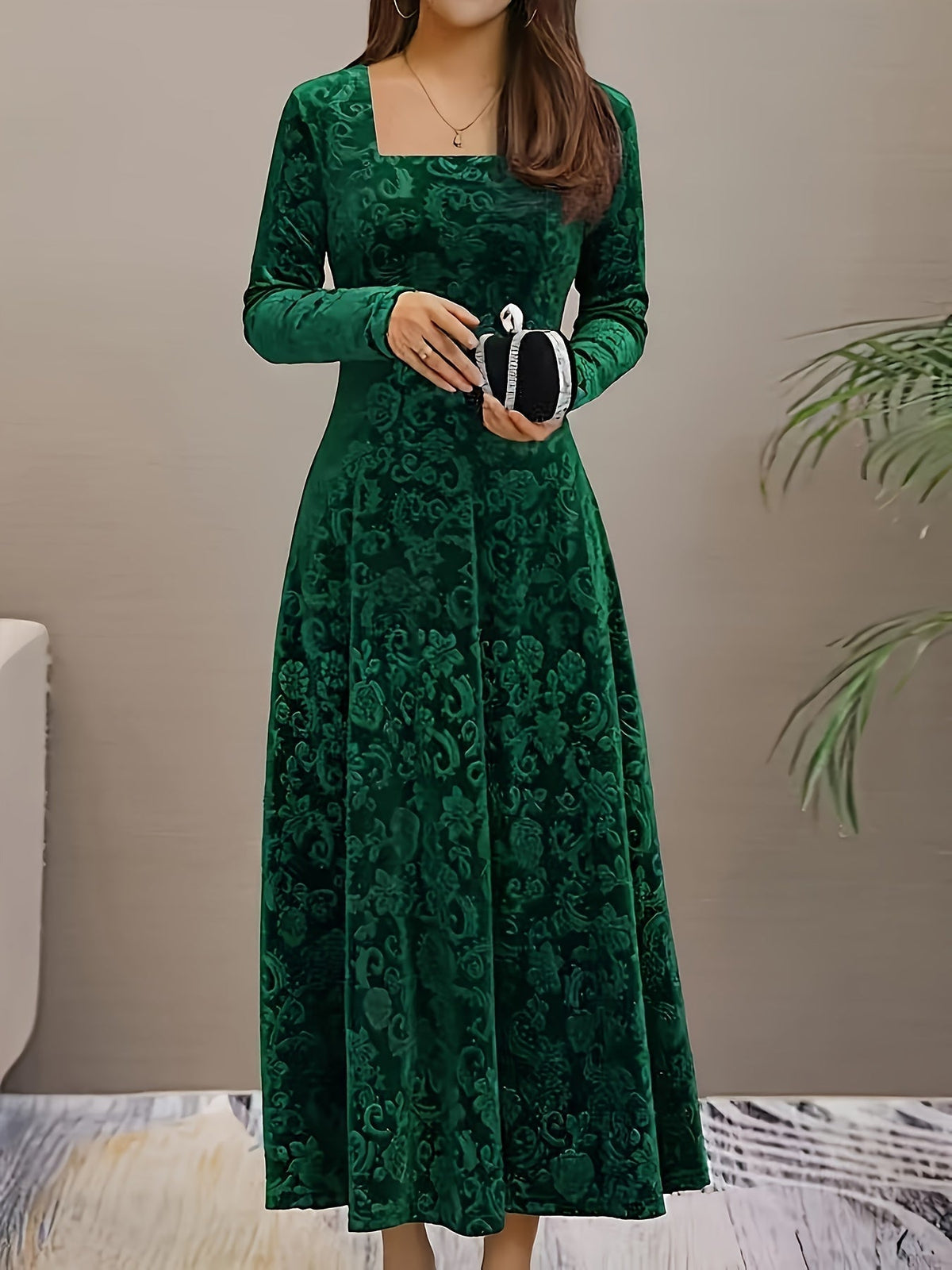 Velvet Floral Jacquard Midi Dress for Holidays