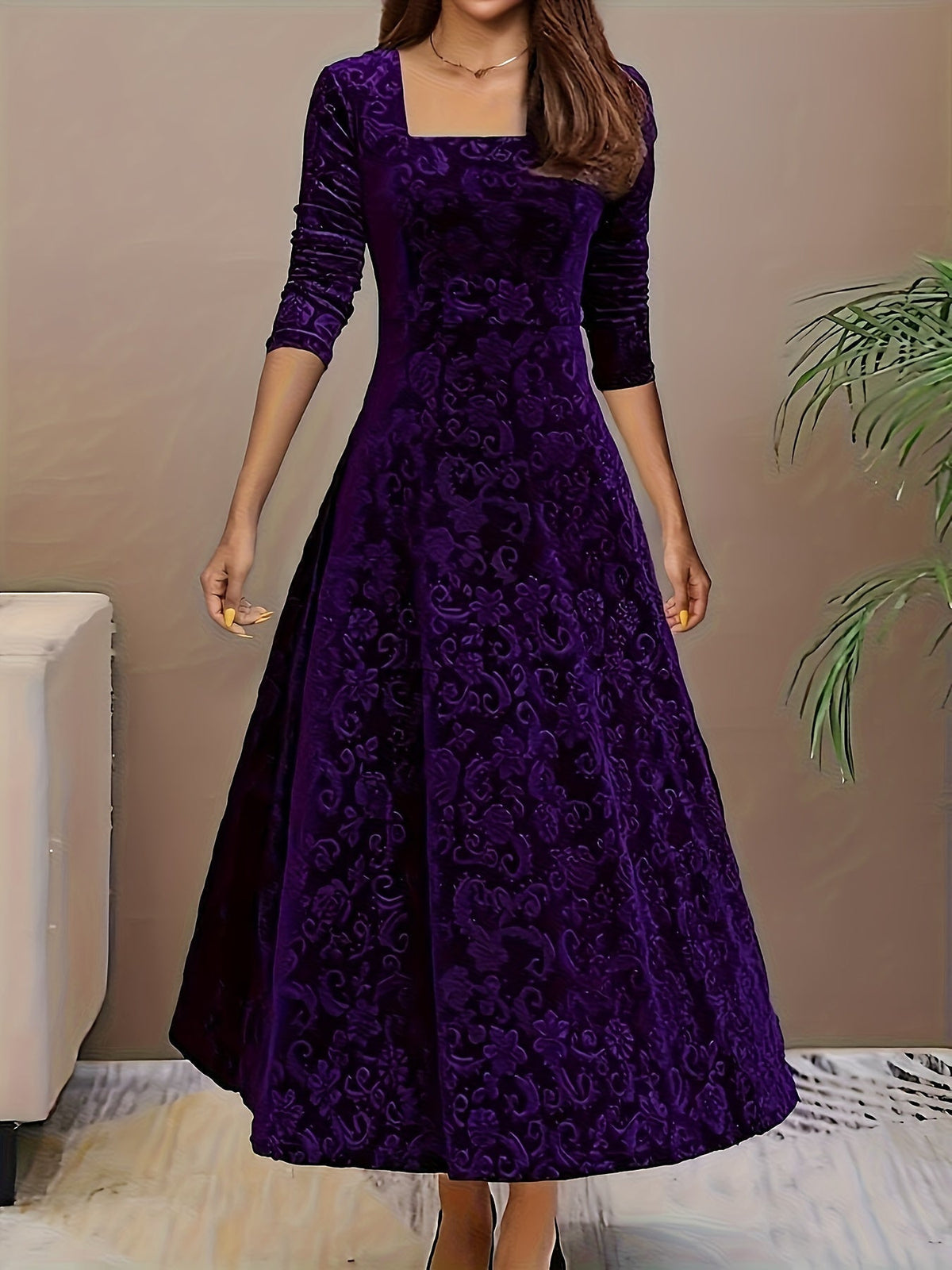 Velvet Floral Jacquard Midi Dress for Holidays