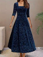 Velvet Floral Jacquard Midi Dress for Holidays