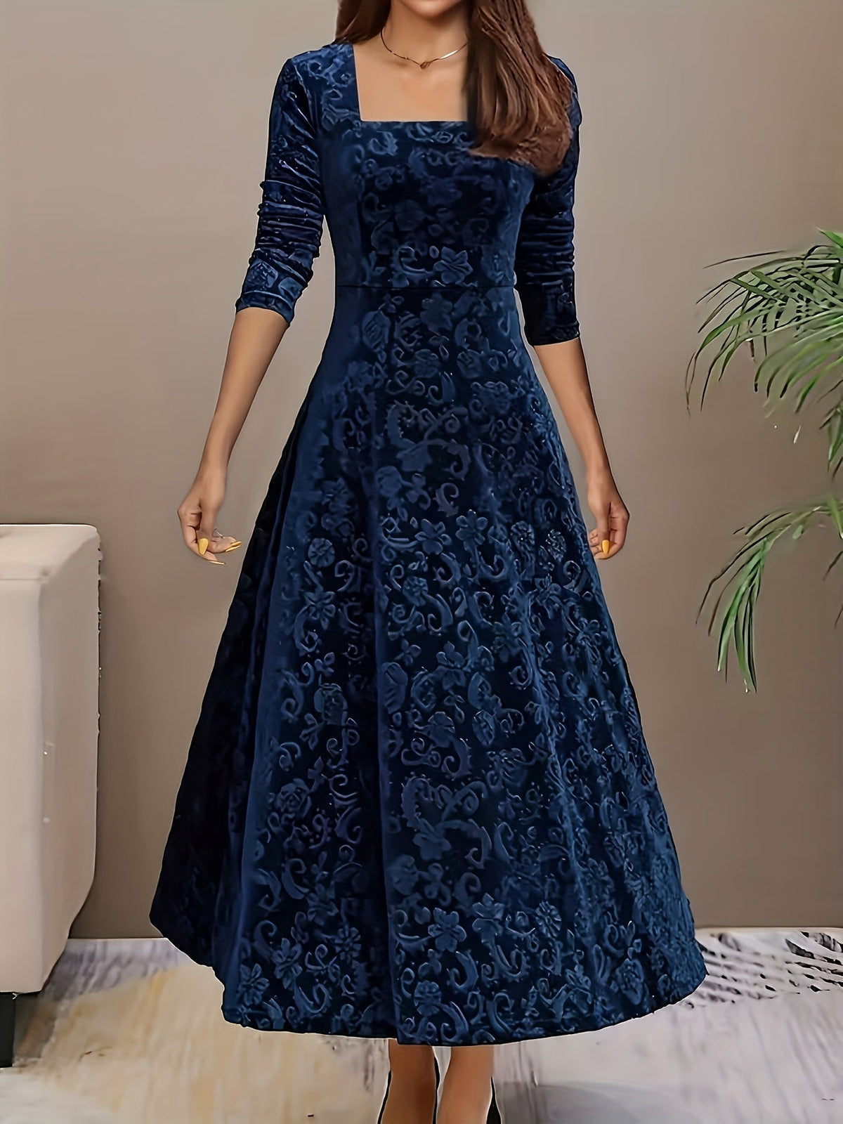 Velvet Floral Jacquard Midi Dress for Holidays