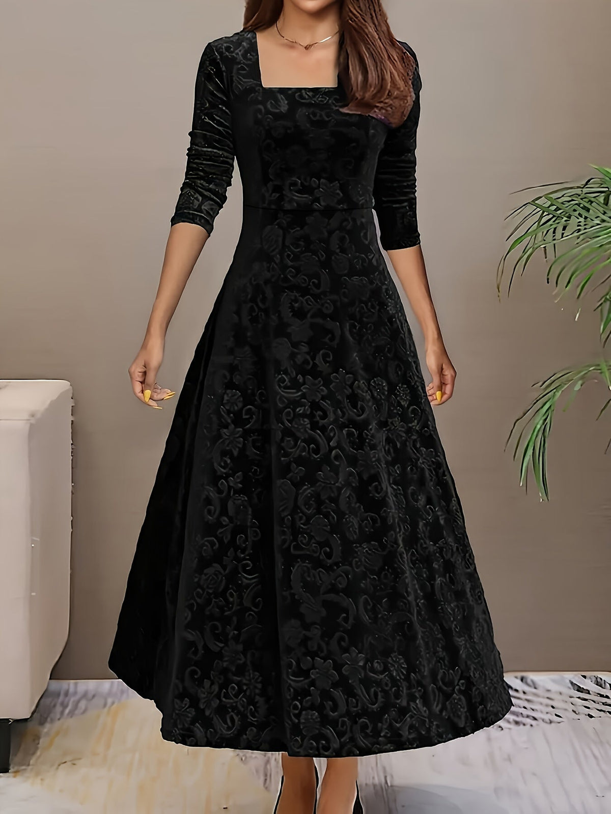 Velvet Floral Jacquard Midi Dress for Holidays