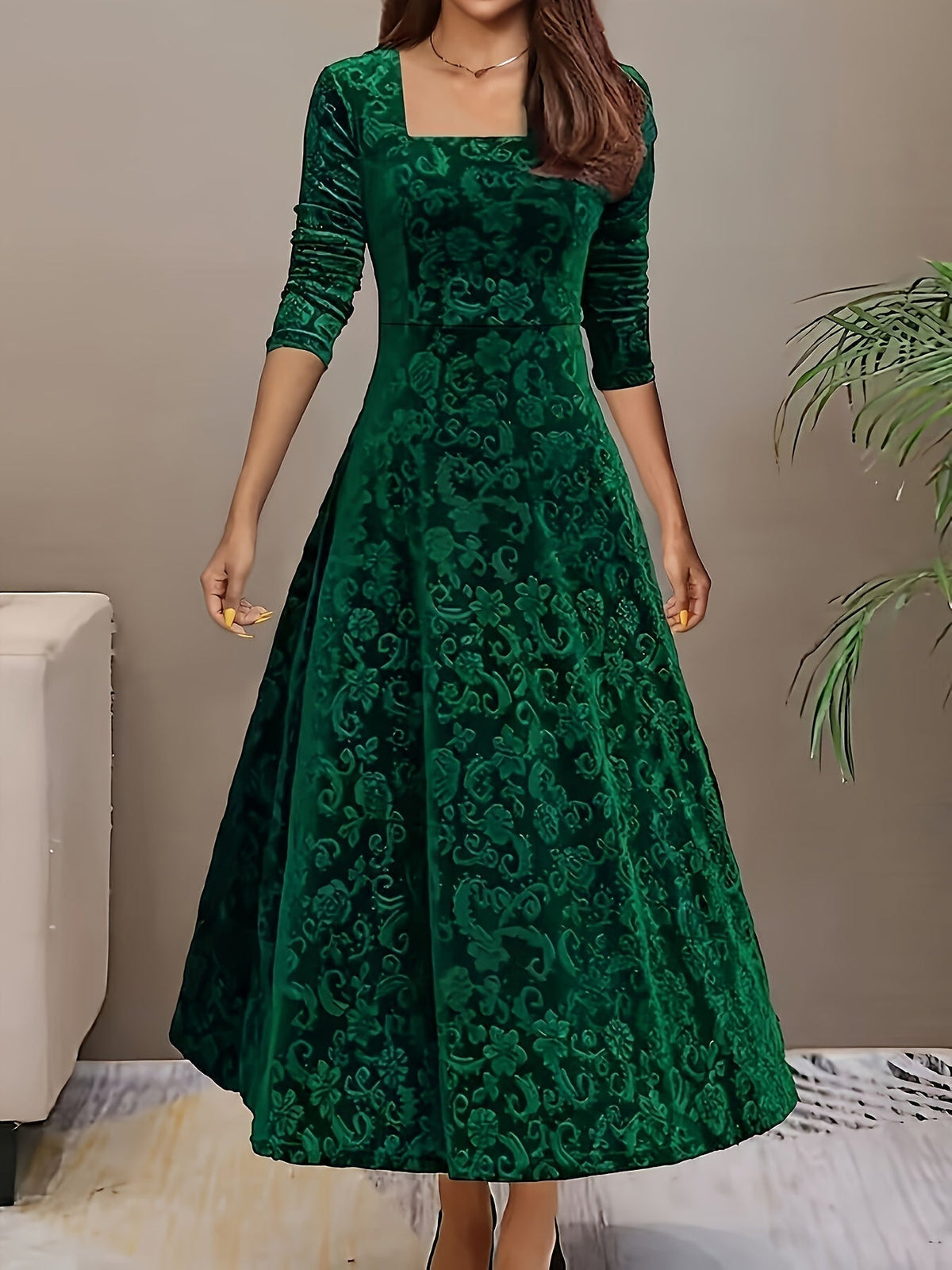 Velvet Floral Jacquard Midi Dress for Holidays