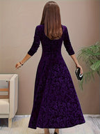 Velvet Floral Jacquard Midi Dress for Holidays