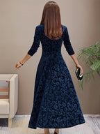Velvet Floral Jacquard Midi Dress for Holidays
