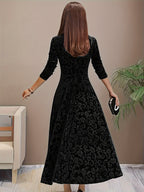 Velvet Floral Jacquard Midi Dress for Holidays