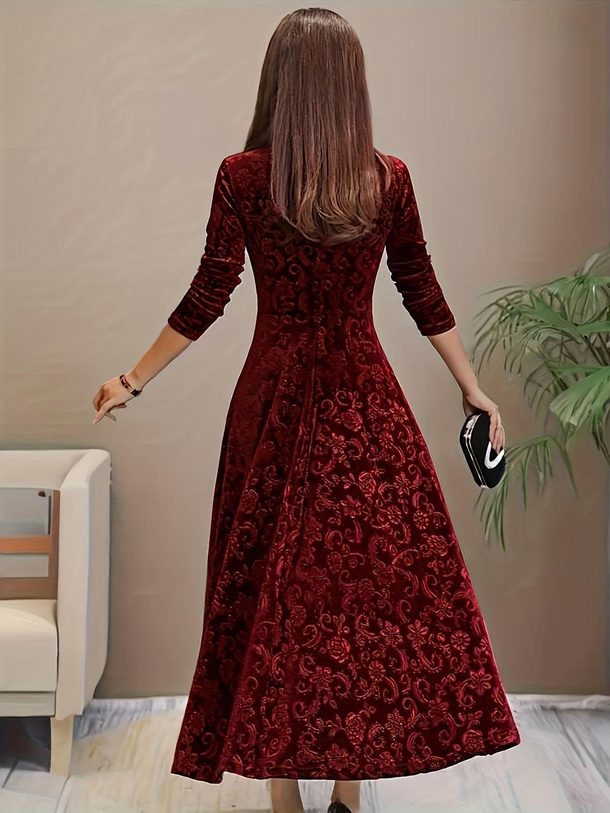 Velvet Floral Jacquard Midi Dress for Holidays