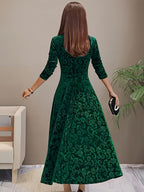 Velvet Floral Jacquard Midi Dress for Holidays