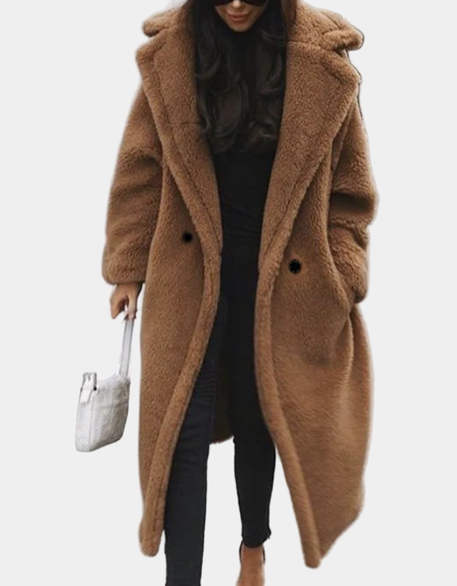 Nellie Long Notch-Collar Shearling Teddy Coat for Fall