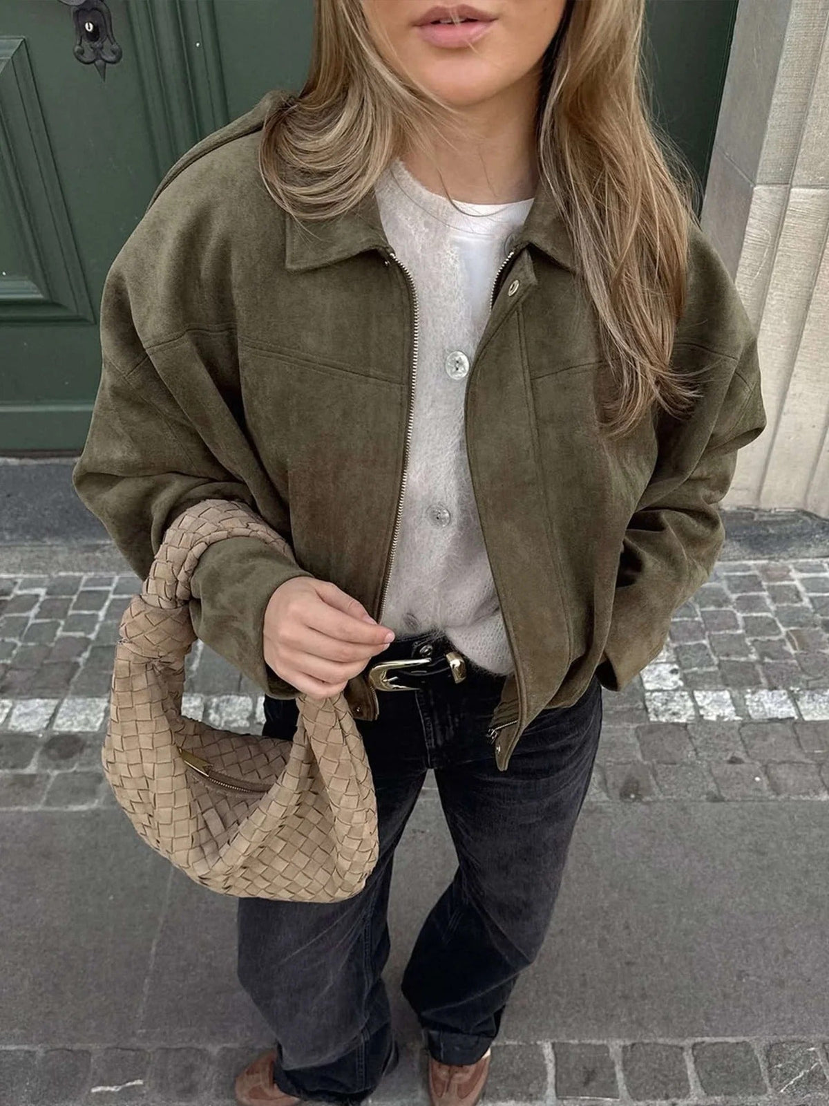 Elsa Faux-Suede Collared Bomber Jacket for Fall