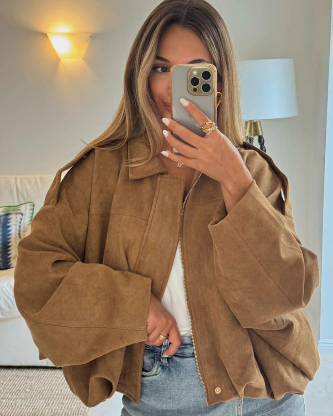 Elsa Faux-Suede Collared Bomber Jacket for Fall