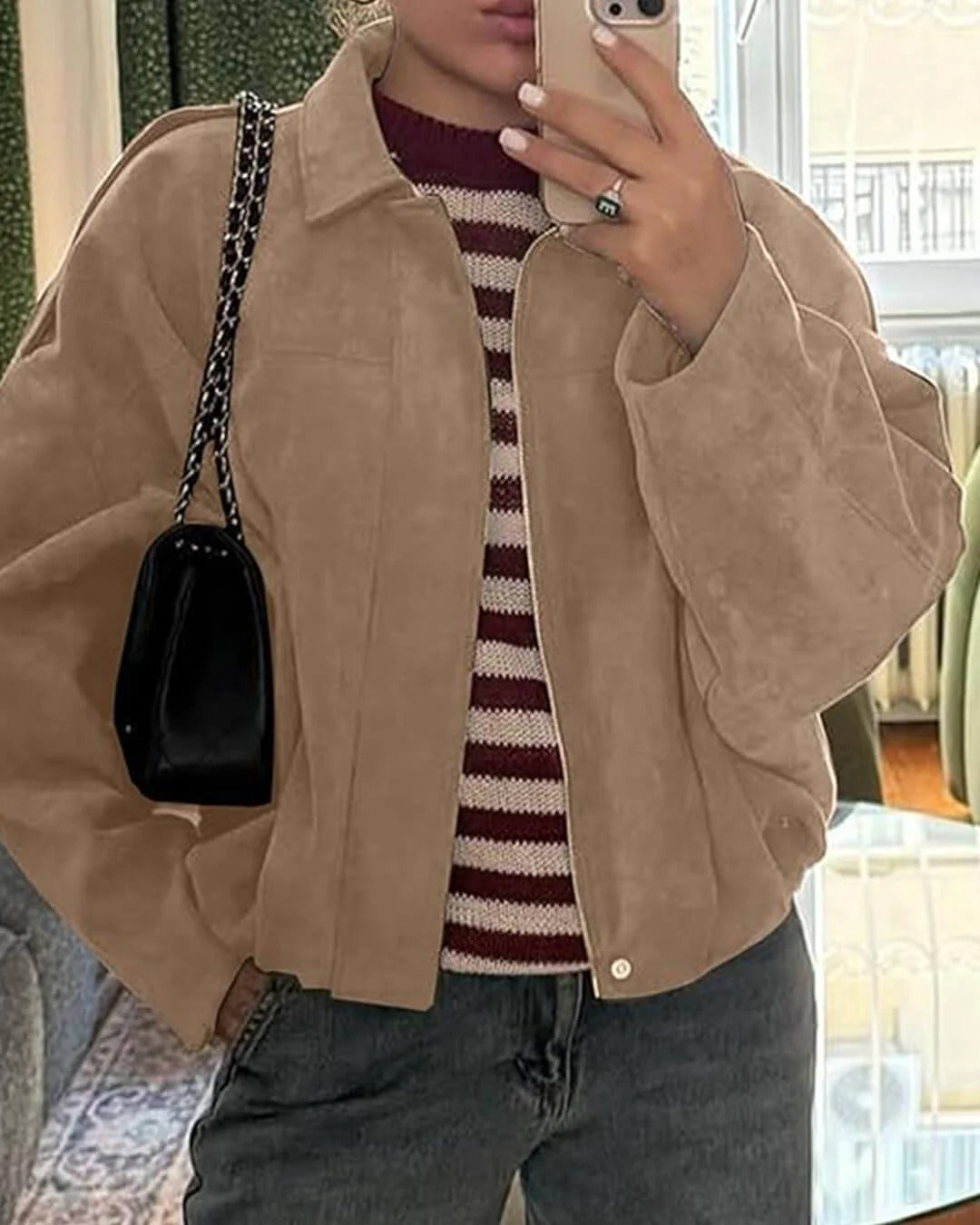 Elsa Faux-Suede Collared Bomber Jacket for Fall