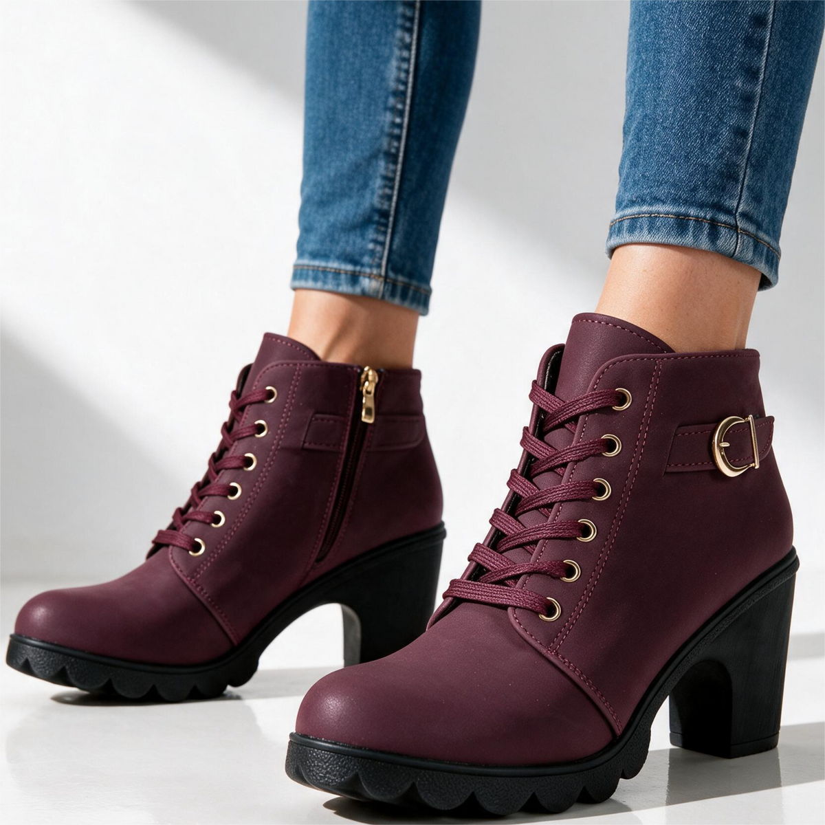 Lila Lug-Sole Lace-Up Block Heel Booties
