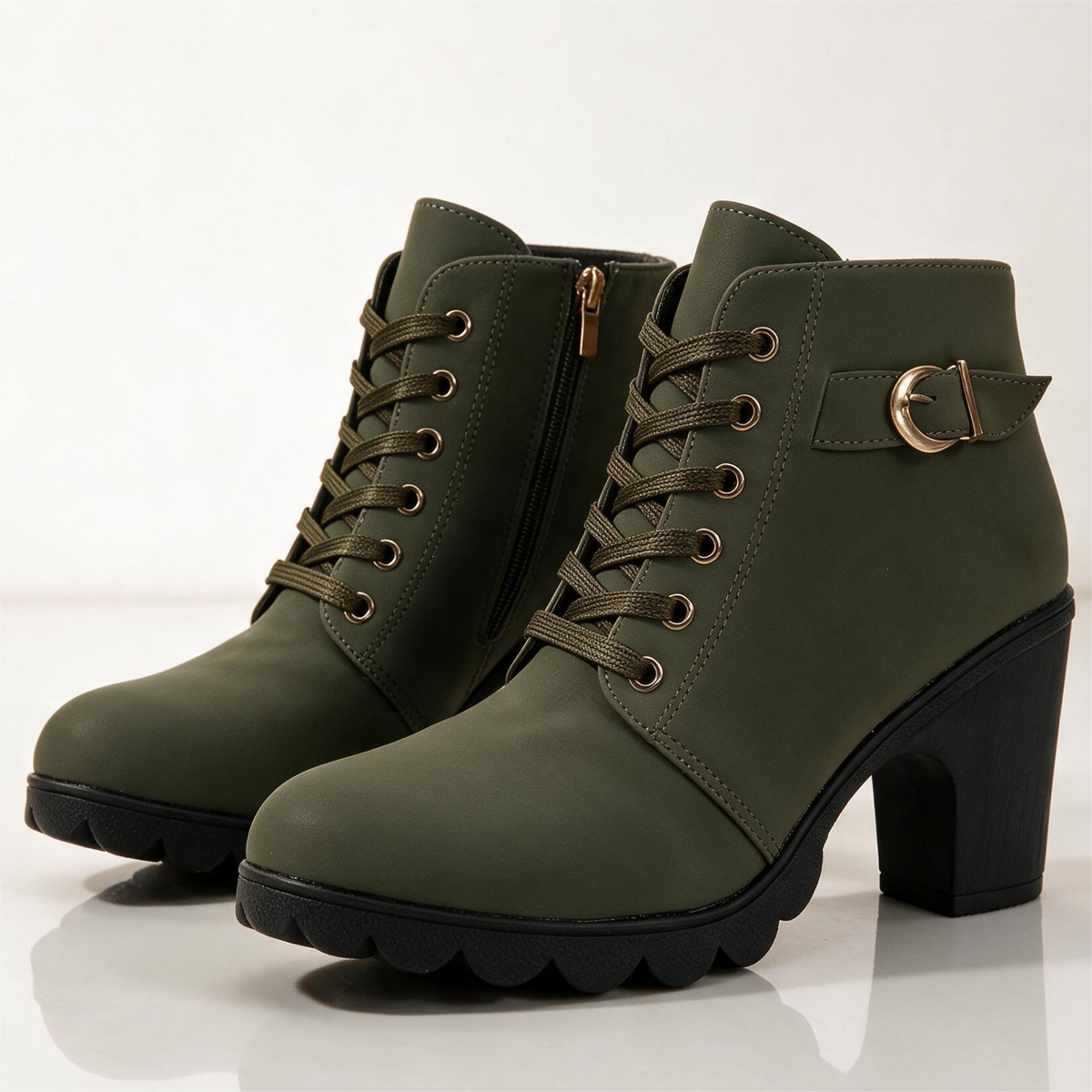 Lila Lug-Sole Lace-Up Block Heel Booties