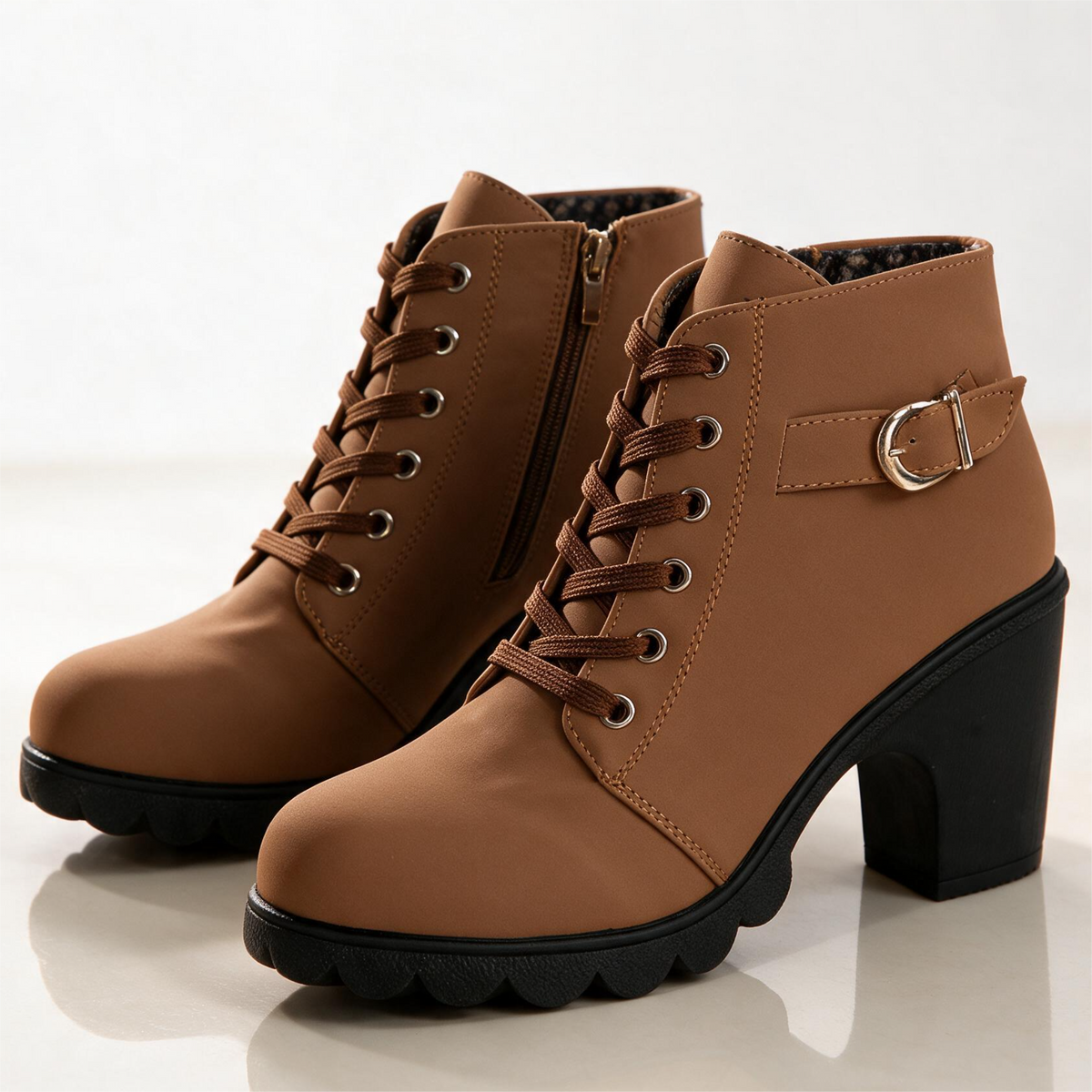 Lila Lug-Sole Lace-Up Block Heel Booties