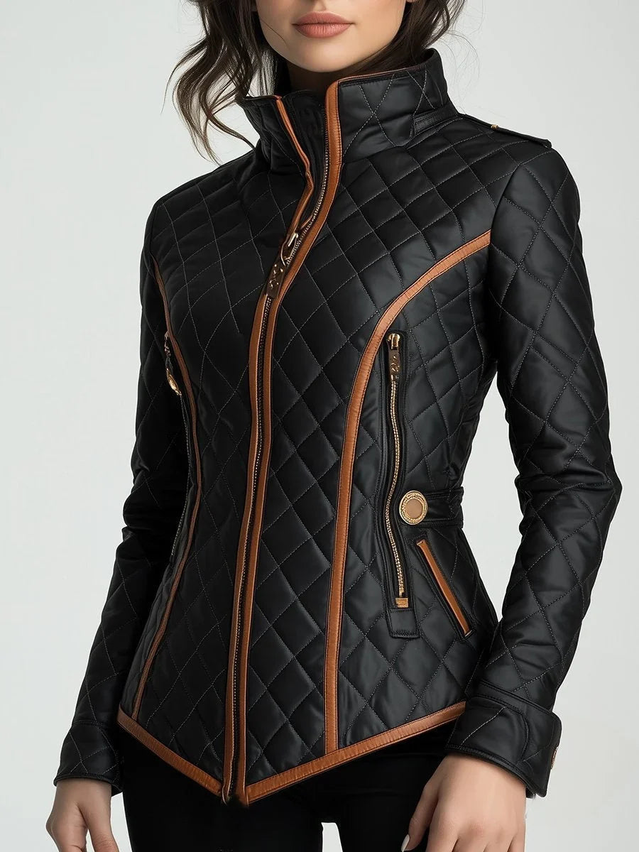 Slim-Fit Quilted Jacket with Contrast Trim & Stand Collar