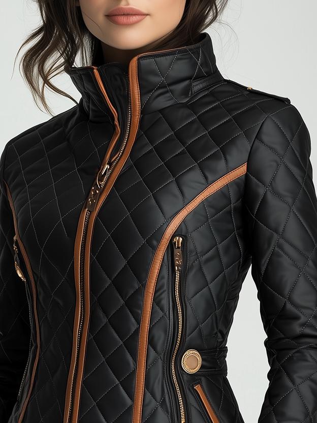 Slim-Fit Quilted Jacket with Contrast Trim & Stand Collar